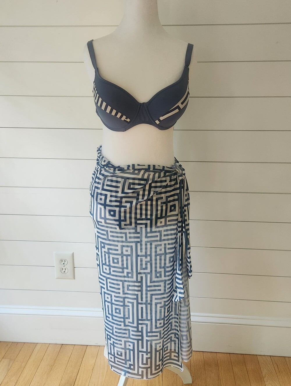 Navy Geometric Bikini Top and Sarong Set - Women Swim
